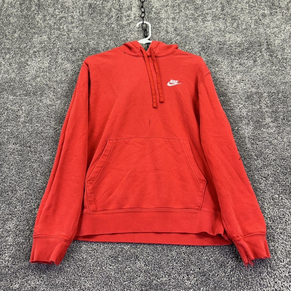 Nike Hoodie Mens Medium Red Fleece Pullover Small Swoosh Kangaroo Pocket Logo